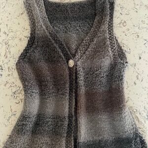 Sweater Vest Long Single Button Front Brown & Gray Wide Stripe Women’s Medium
